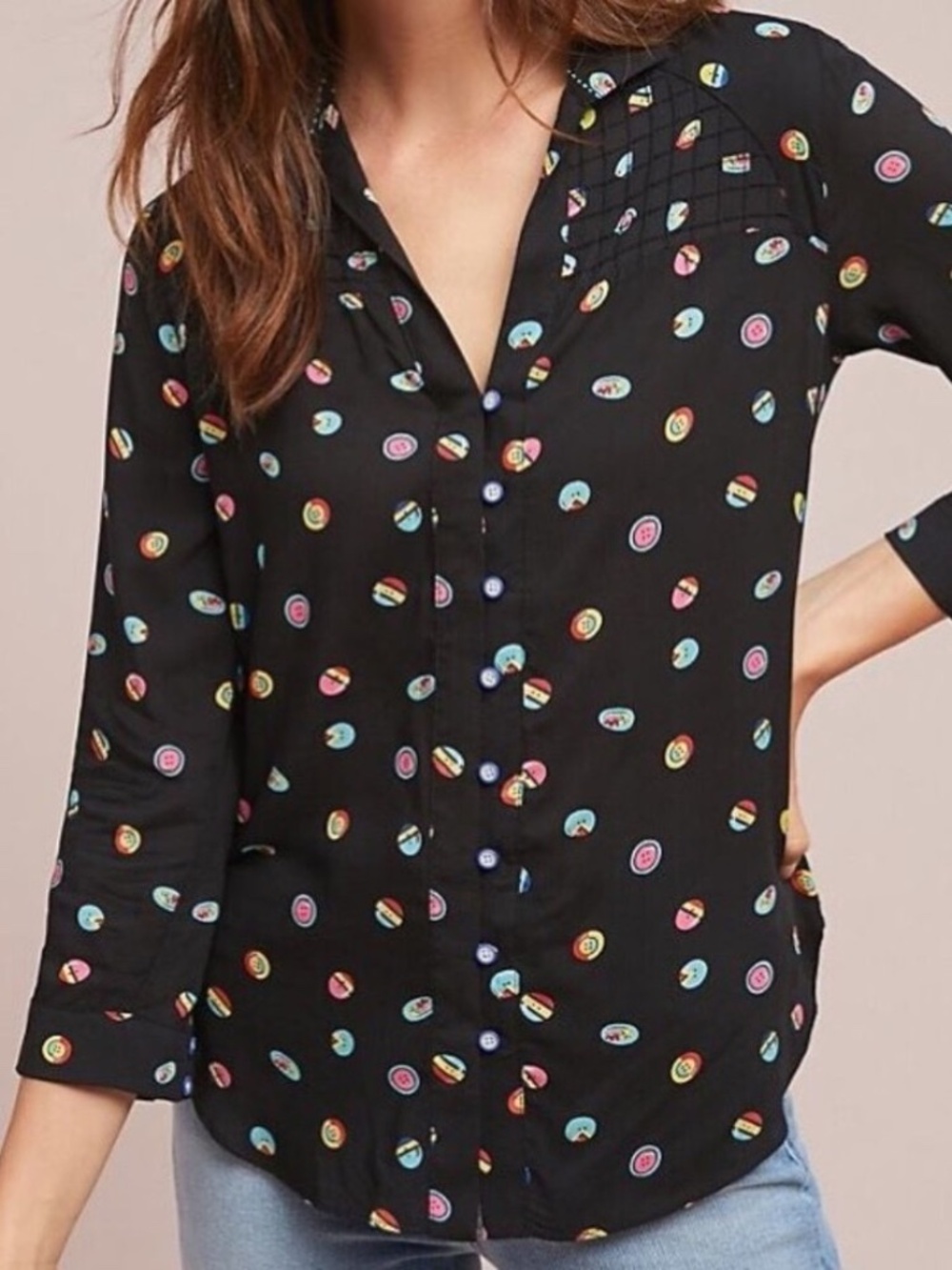 Anthropologie Conversations 13 of 52 Novelty Print Pintuck Blouse Black Size 8